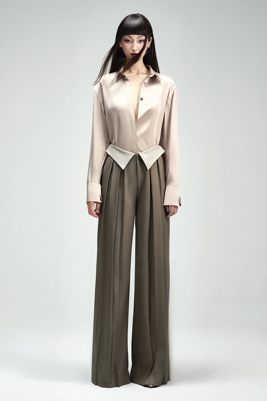 Francesca Straight Box Pleated Khaki Floor Length Pants 5