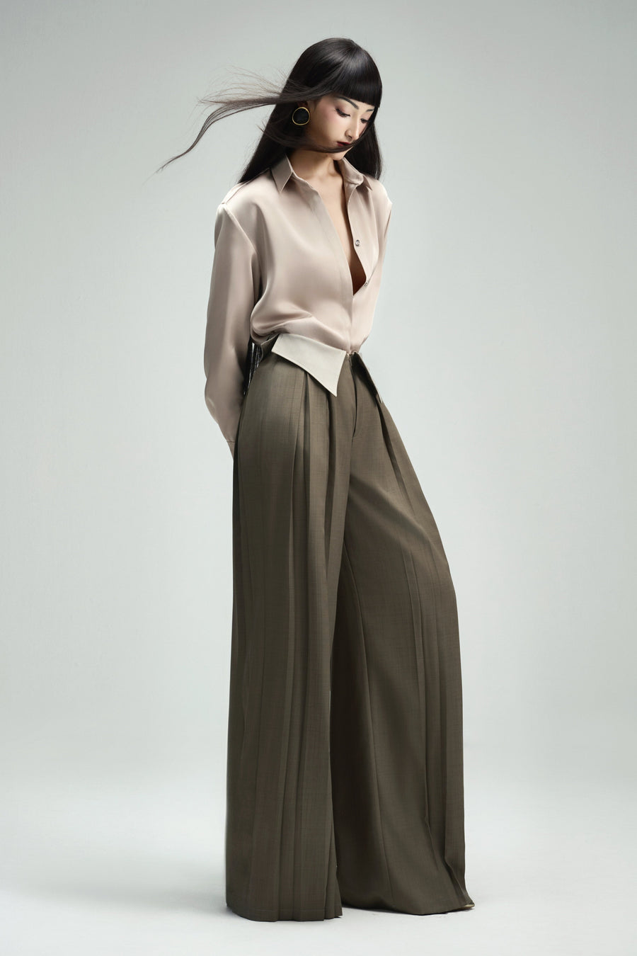 Francesca Straight Box Pleated Khaki Floor Length Pants 7