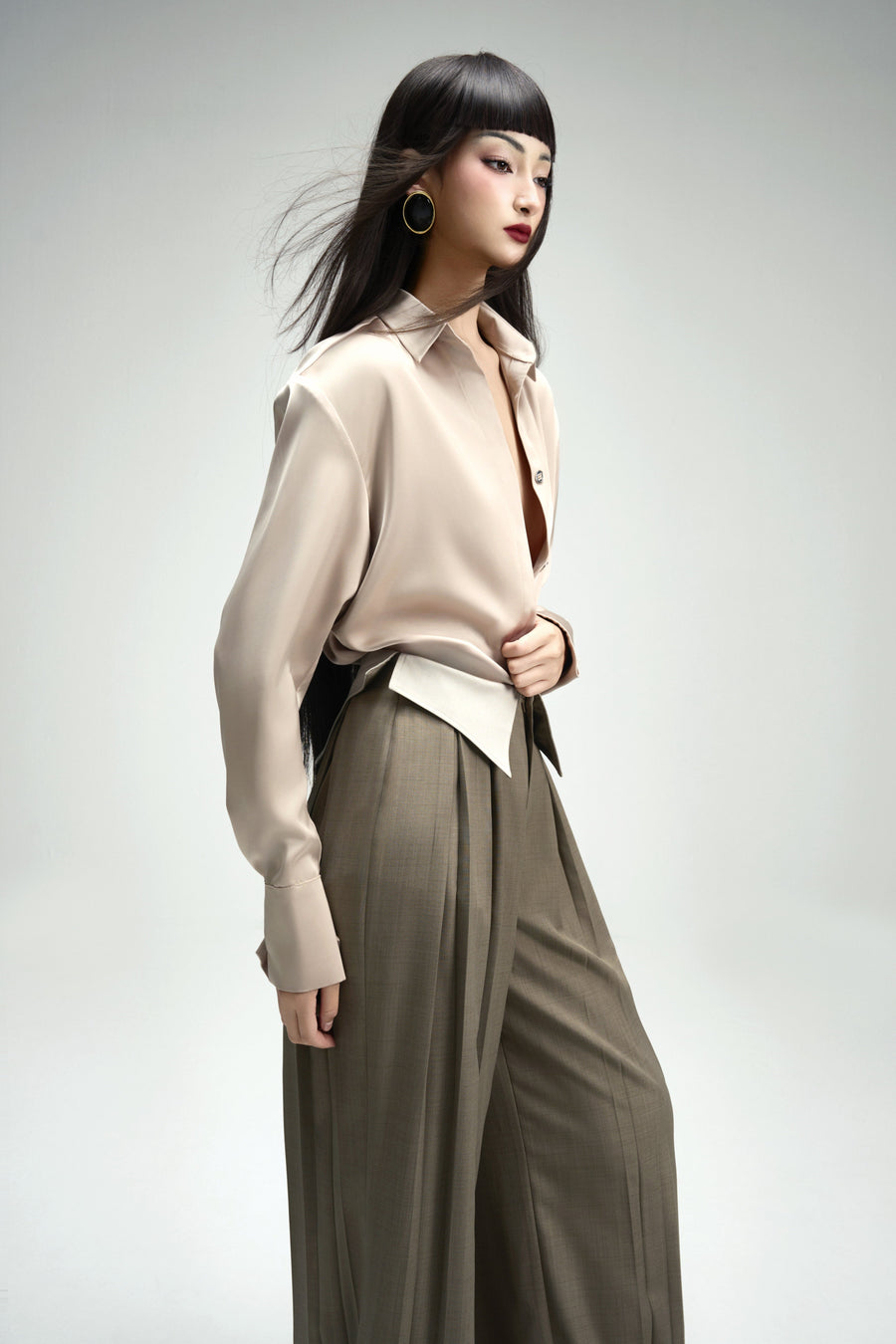 Francesca Straight Box Pleated Khaki Floor Length Pants 8