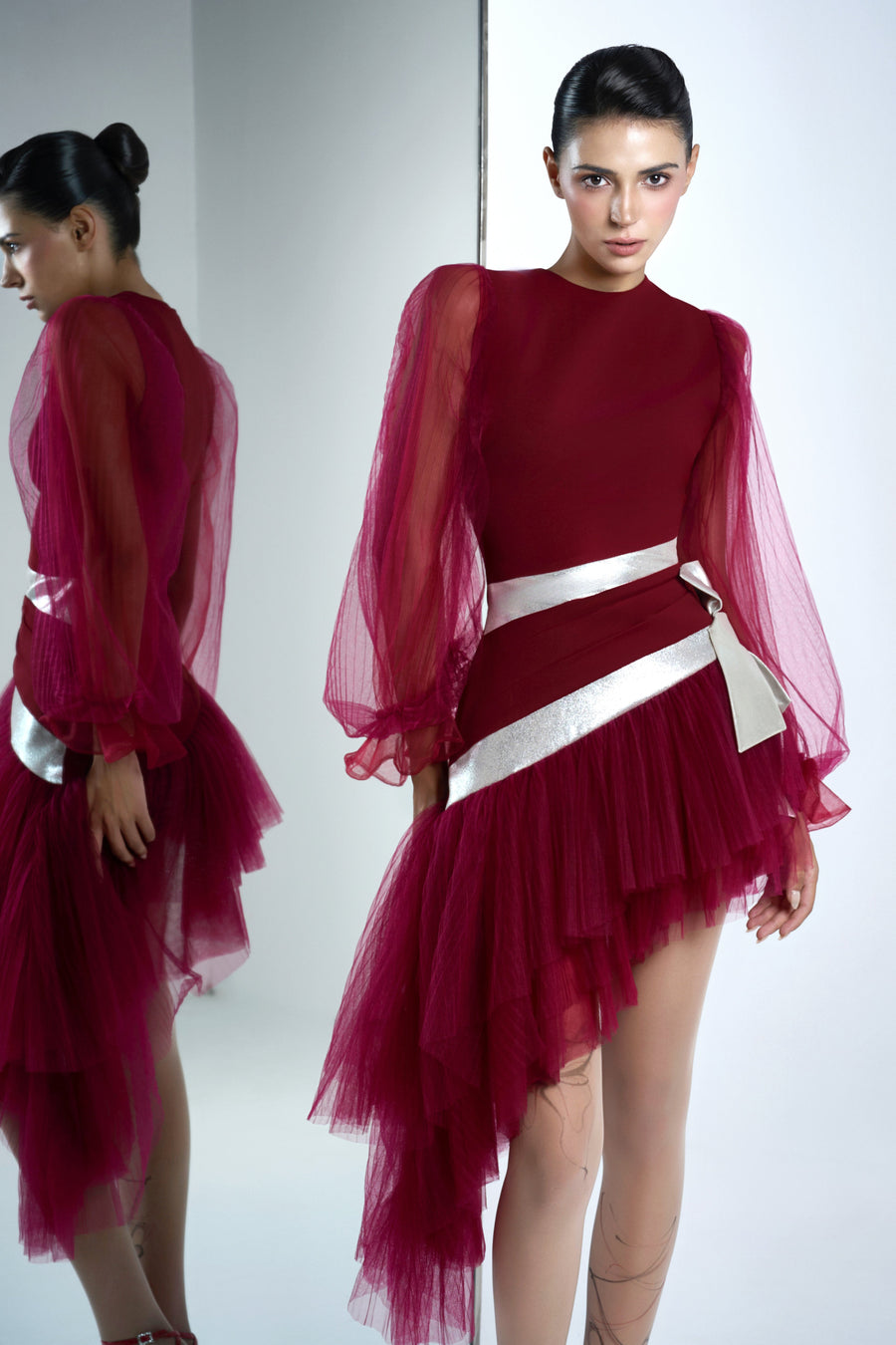 Alia Asymmetric Bishop Sleeved Twill Midi Dress 2