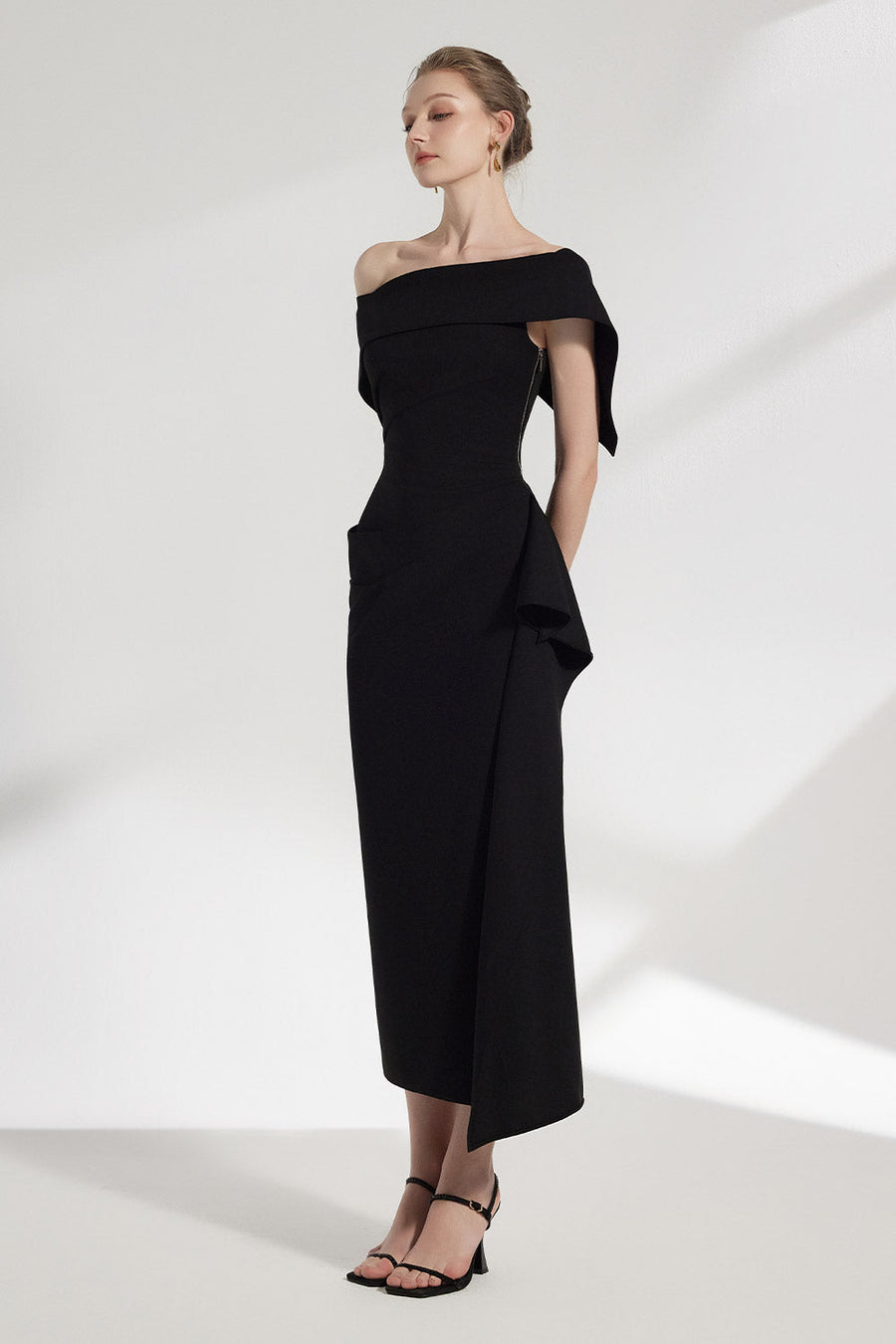 Arene Sheath Diagonal Neck Spandex Midi Dress 5