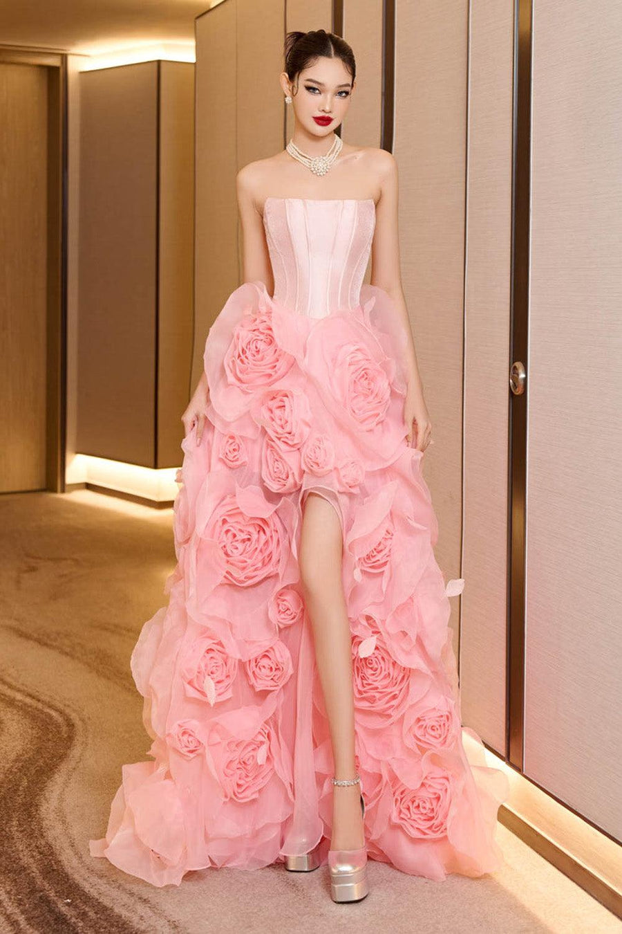 Jubilee of Jewels Slit Floral Mesh Taffeta Floor Length Dress 16