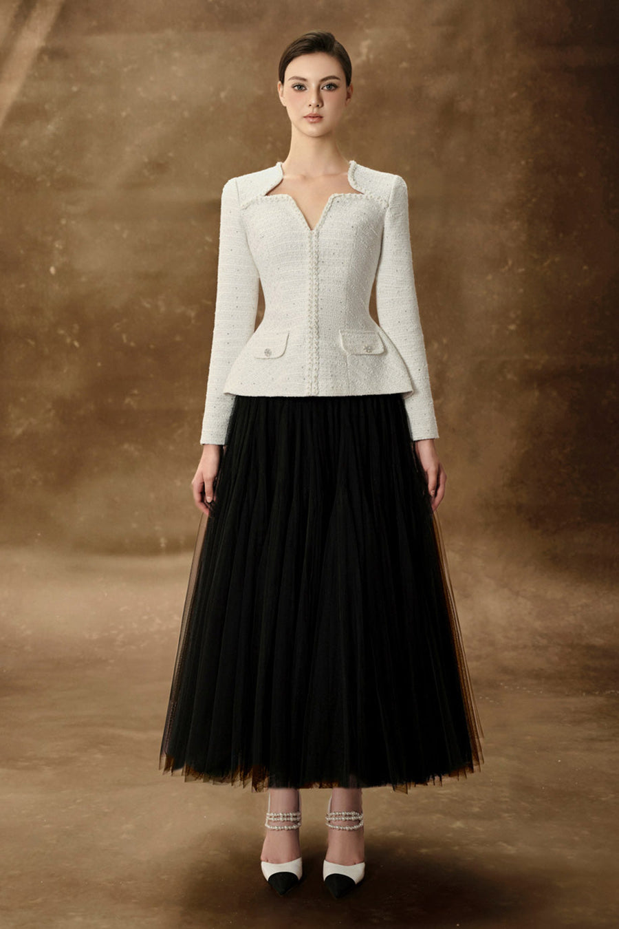 Vincent Peplum Bead Tweed Top Long Sleeved Top Delicate