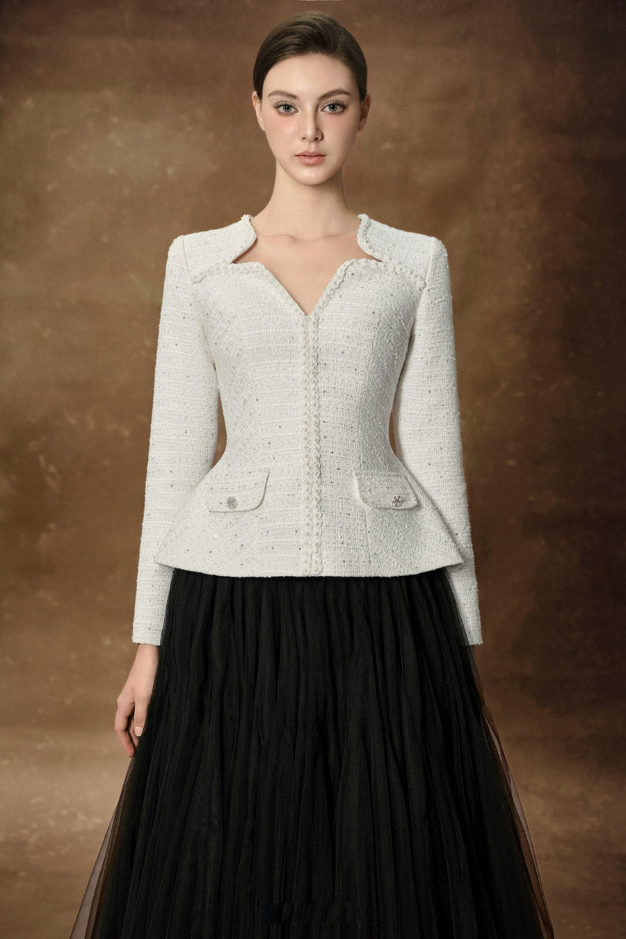Vincent Peplum Bead Tweed Top Long Sleeved Top Delicate