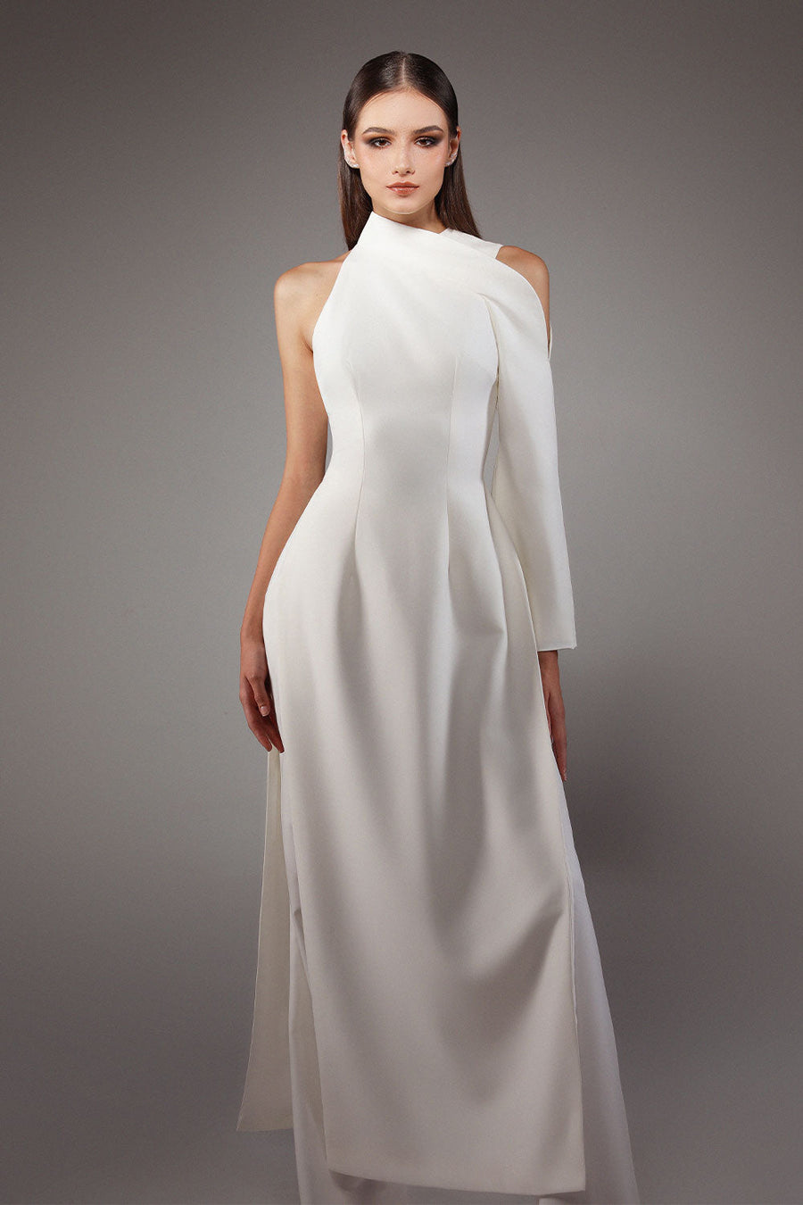Bandeau A-line Asymmetric Sleeved Wool Cotton Floor Length Ao Dai Set 3