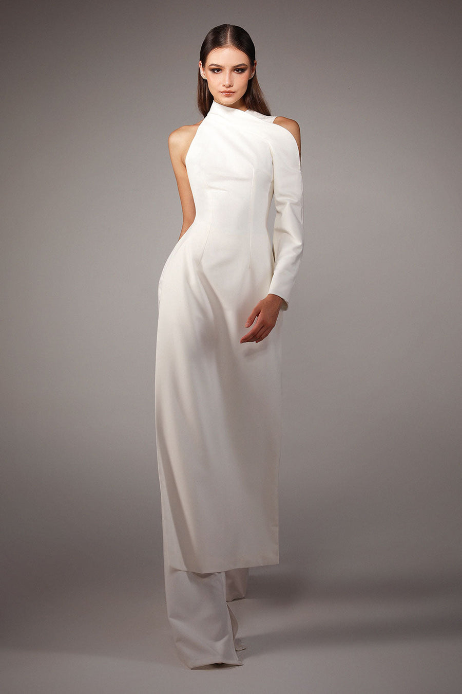 Bandeau A-line Asymmetric Sleeved Wool Cotton Floor Length Ao Dai Set 1