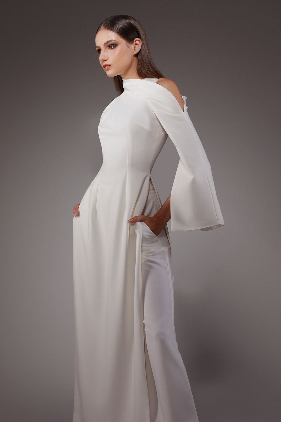 Bandeau A-line Asymmetric Sleeved Wool Cotton Floor Length Ao Dai Set 4