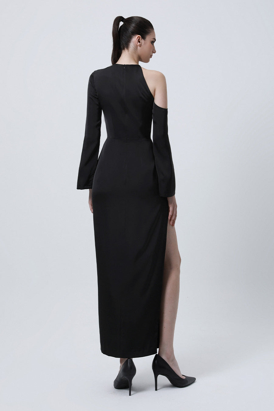 Saudade Slit Asymmetric Shoulder Silk Ankle Length Dress 3