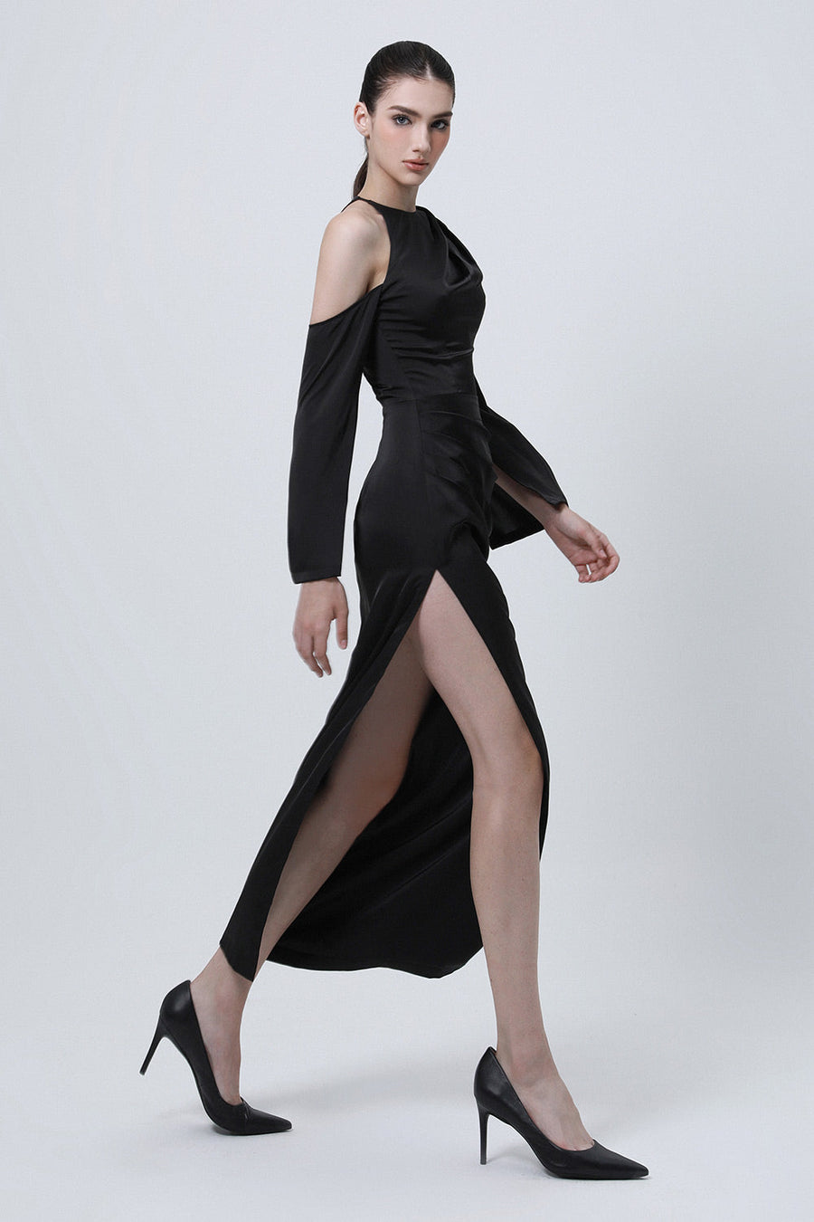 Saudade Slit Asymmetric Shoulder Silk Ankle Length Dress 2