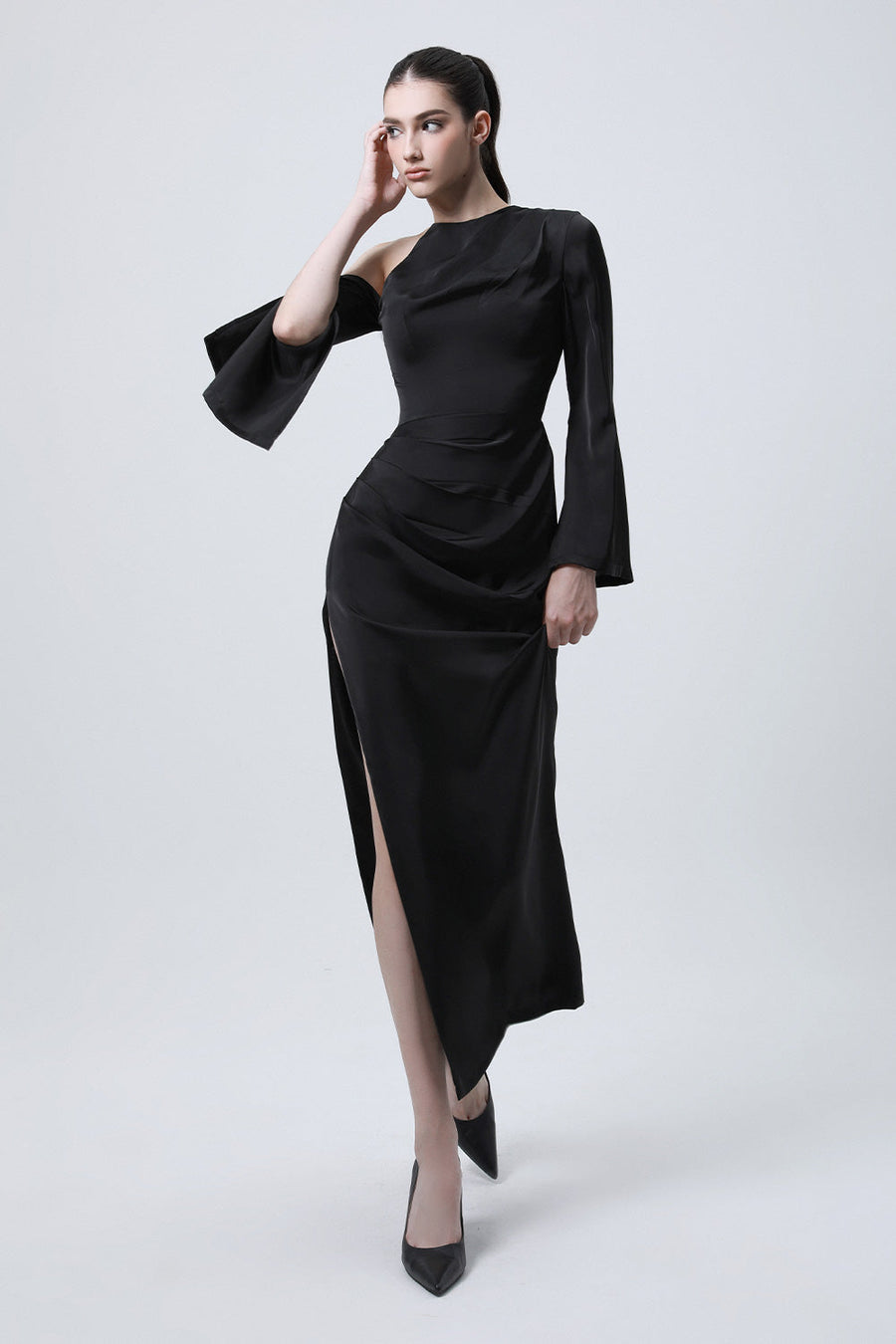 Saudade Slit Asymmetric Shoulder Silk Ankle Length Dress 4