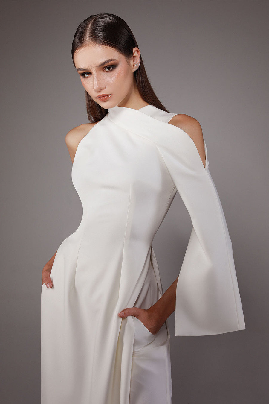 Bandeau A-line Asymmetric Sleeved Wool Cotton Floor Length Ao Dai Set 2