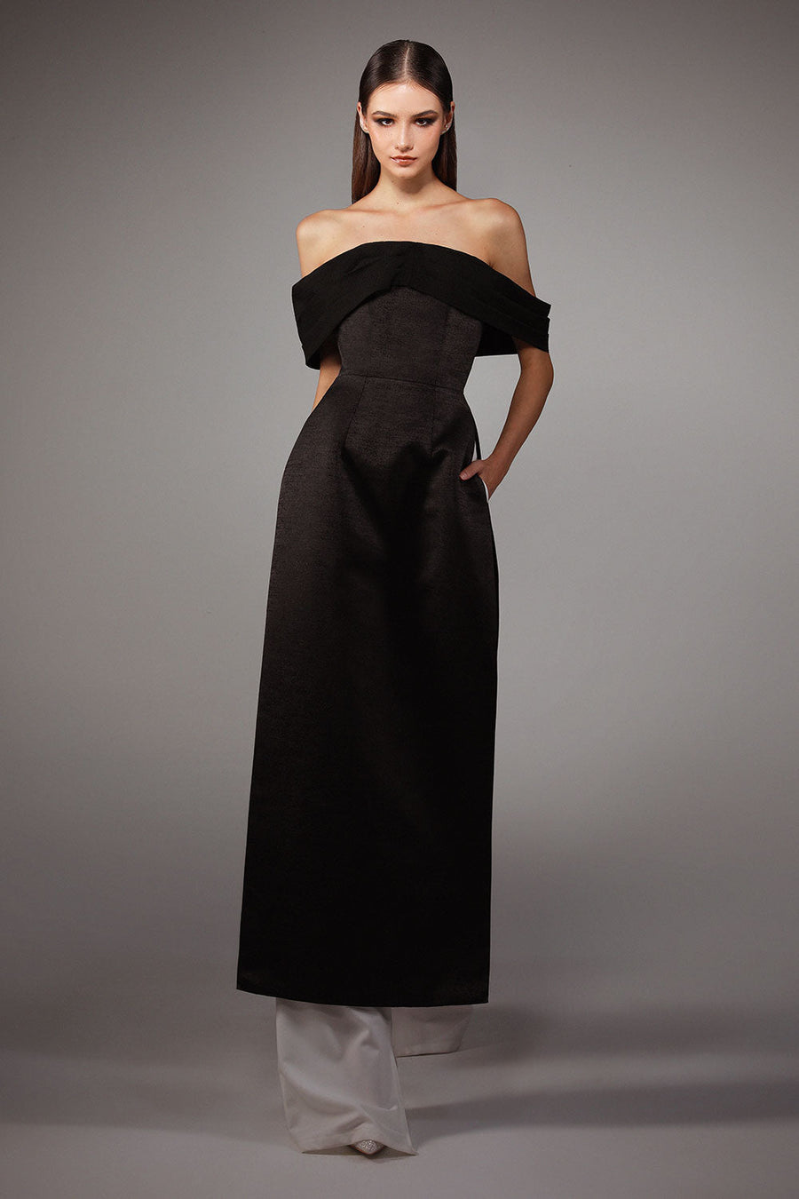 Bardot A-line Off-Shoulder Brocade Silk Floor Length Ao Dai Set 5