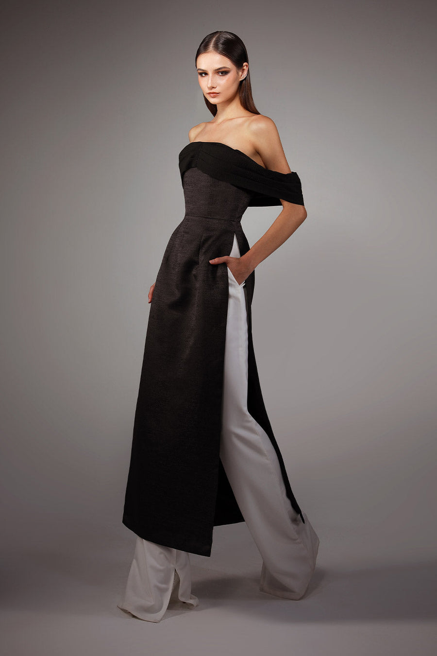 Bardot A-line Off-Shoulder Brocade Silk Floor Length Ao Dai Set 6