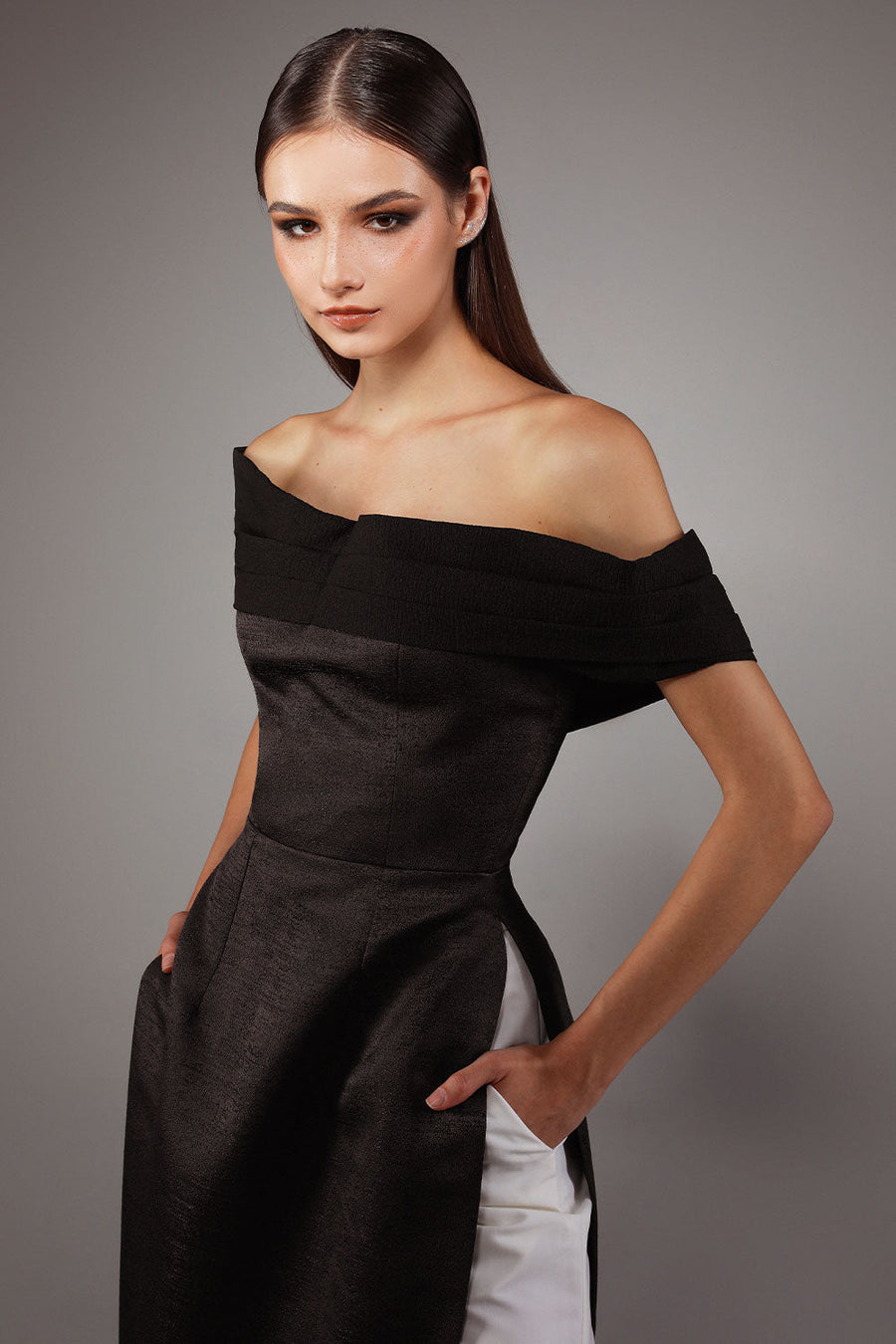 Bardot A-line Off-Shoulder Brocade Silk Floor Length Ao Dai Set 2