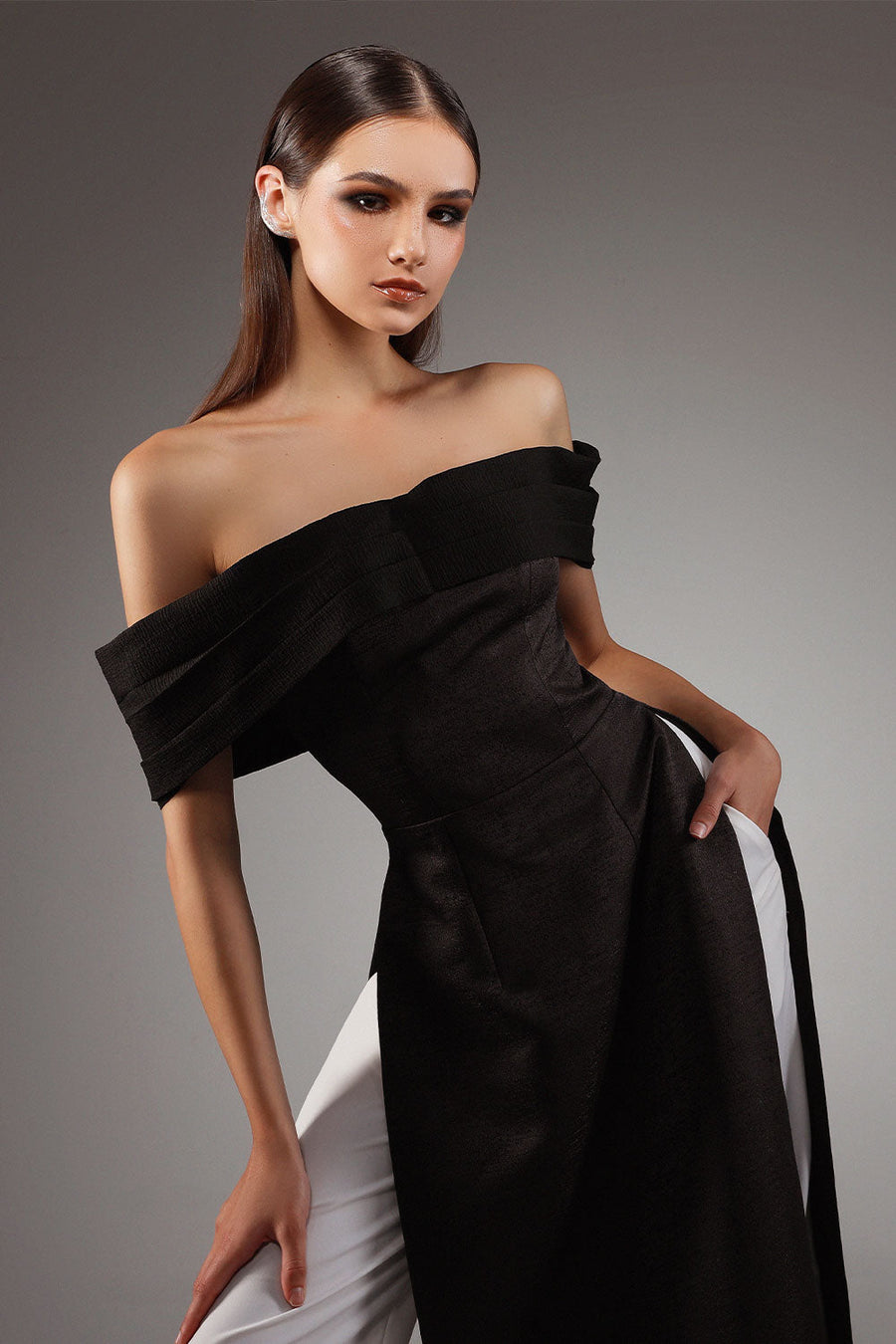 Bardot A-line Off-Shoulder Brocade Silk Floor Length Ao Dai Set 4