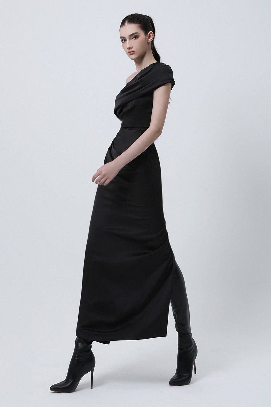 Bound Sheath Asymmetric Shoulder Silk Midi Dress 4