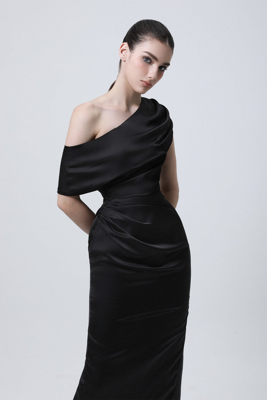 Bound Sheath Asymmetric Shoulder Silk Midi Dress 2