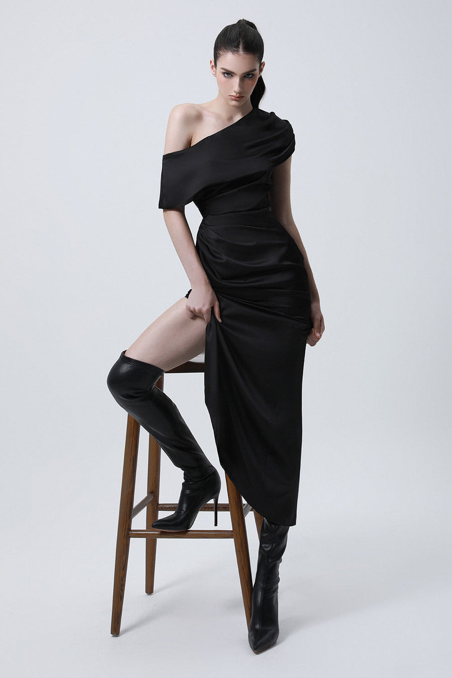 Bound Sheath Asymmetric Shoulder Silk Midi Dress 5