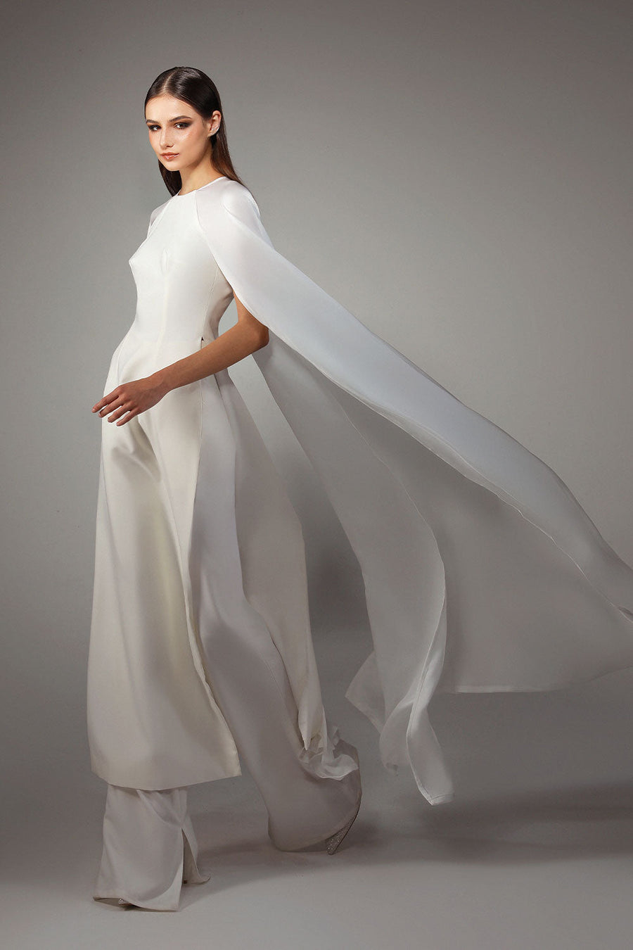 The Taj A-line Cape Sleeved Silk Wool Floor Length Ao Dai Set 3