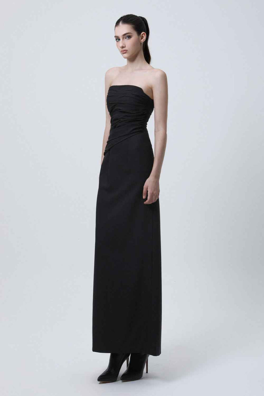 Akami Strapless Back Slit Wool Cotton Ankle Length Dress