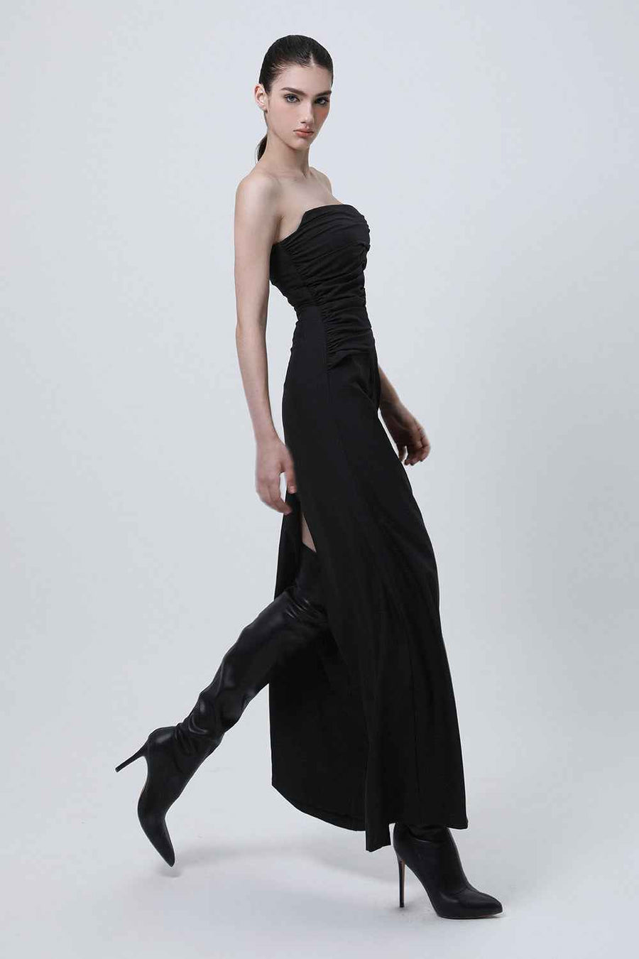 Akami Strapless Back Slit Wool Cotton Ankle Length Dress