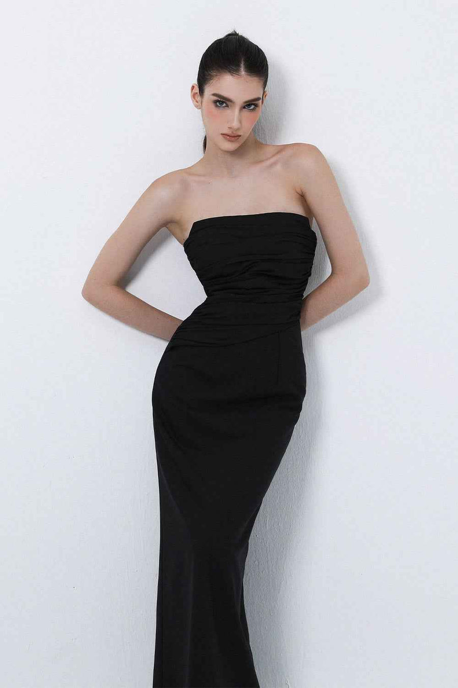 Akami Strapless Back Slit Wool Cotton Ankle Length Dress