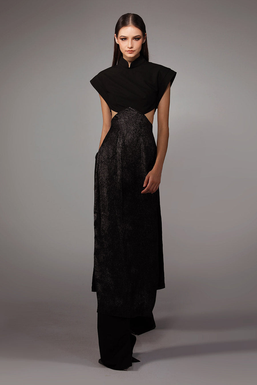 Charmeuse A-line Cap Sleeved Wool Cotton Floor Length Ao Dai Set 1