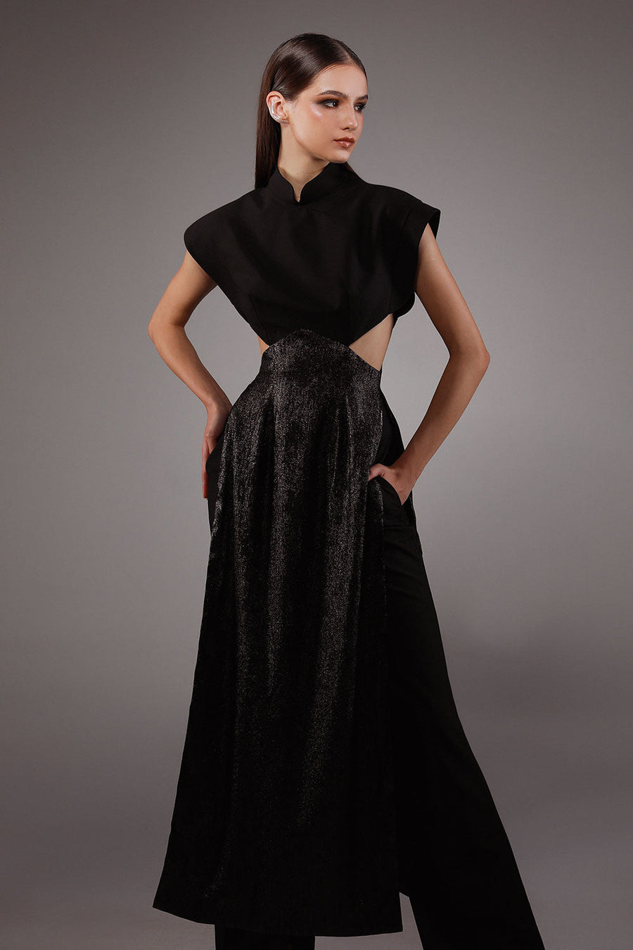 Charmeuse A-line Cap Sleeved Wool Cotton Floor Length Ao Dai Set 2