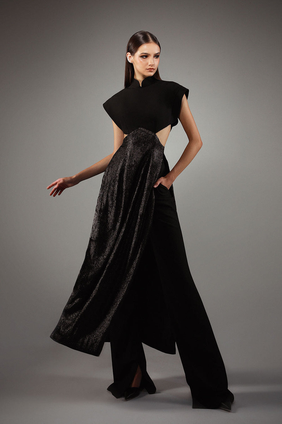 Charmeuse A-line Cap Sleeved Wool Cotton Floor Length Ao Dai Set 3