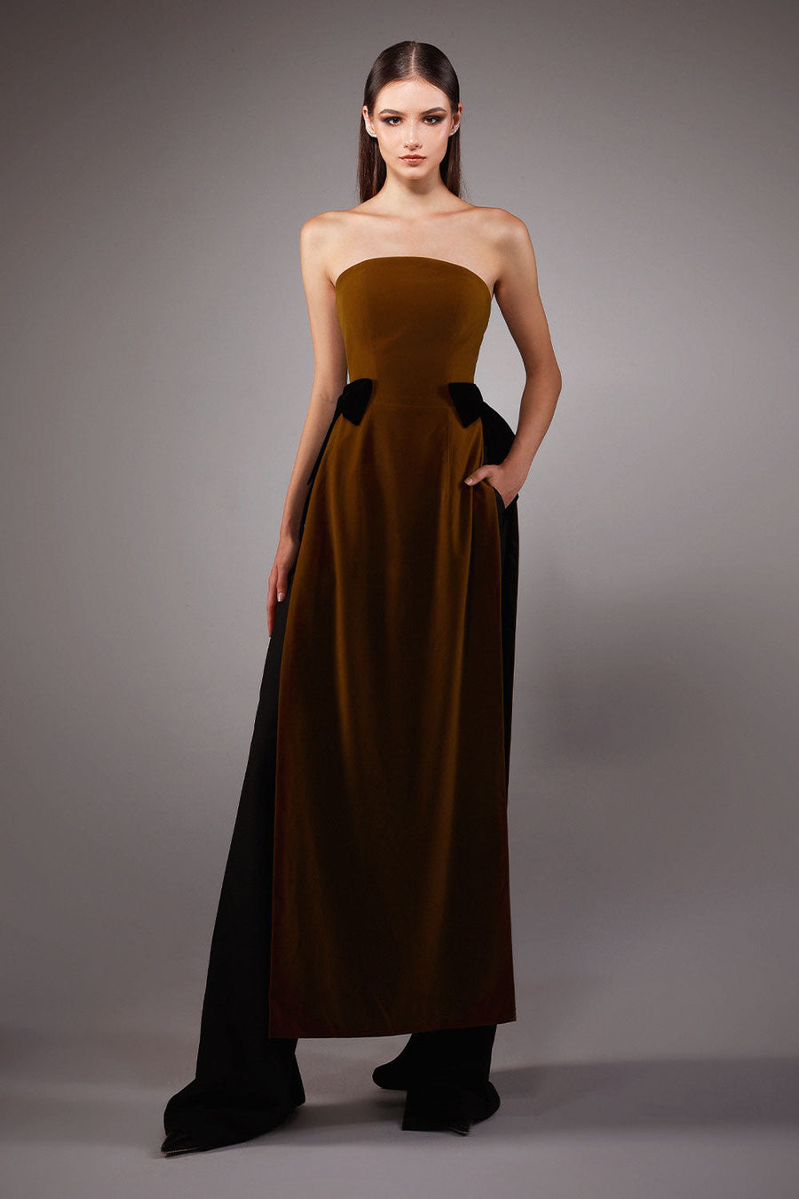 Brigita A-line Straight Across Neck Velvet Floor Length Ao Dai Set 1