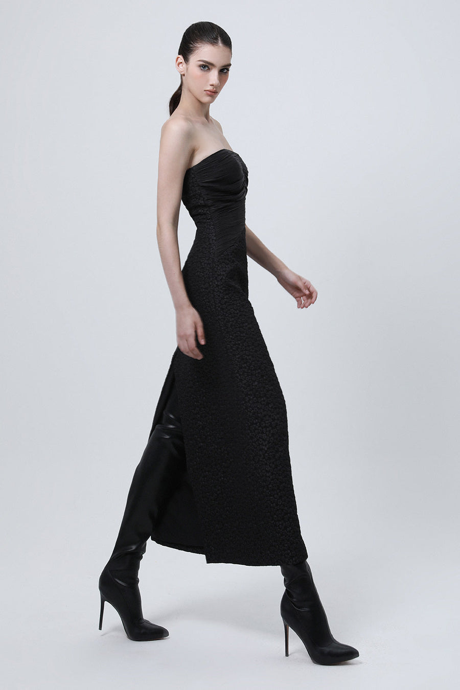 Sire Strapless Gathered Brocade Silk Midi Dress 3