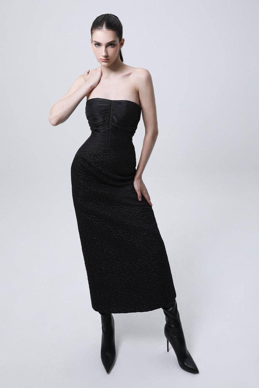 Sire Strapless Gathered Brocade Silk Midi Dress 4