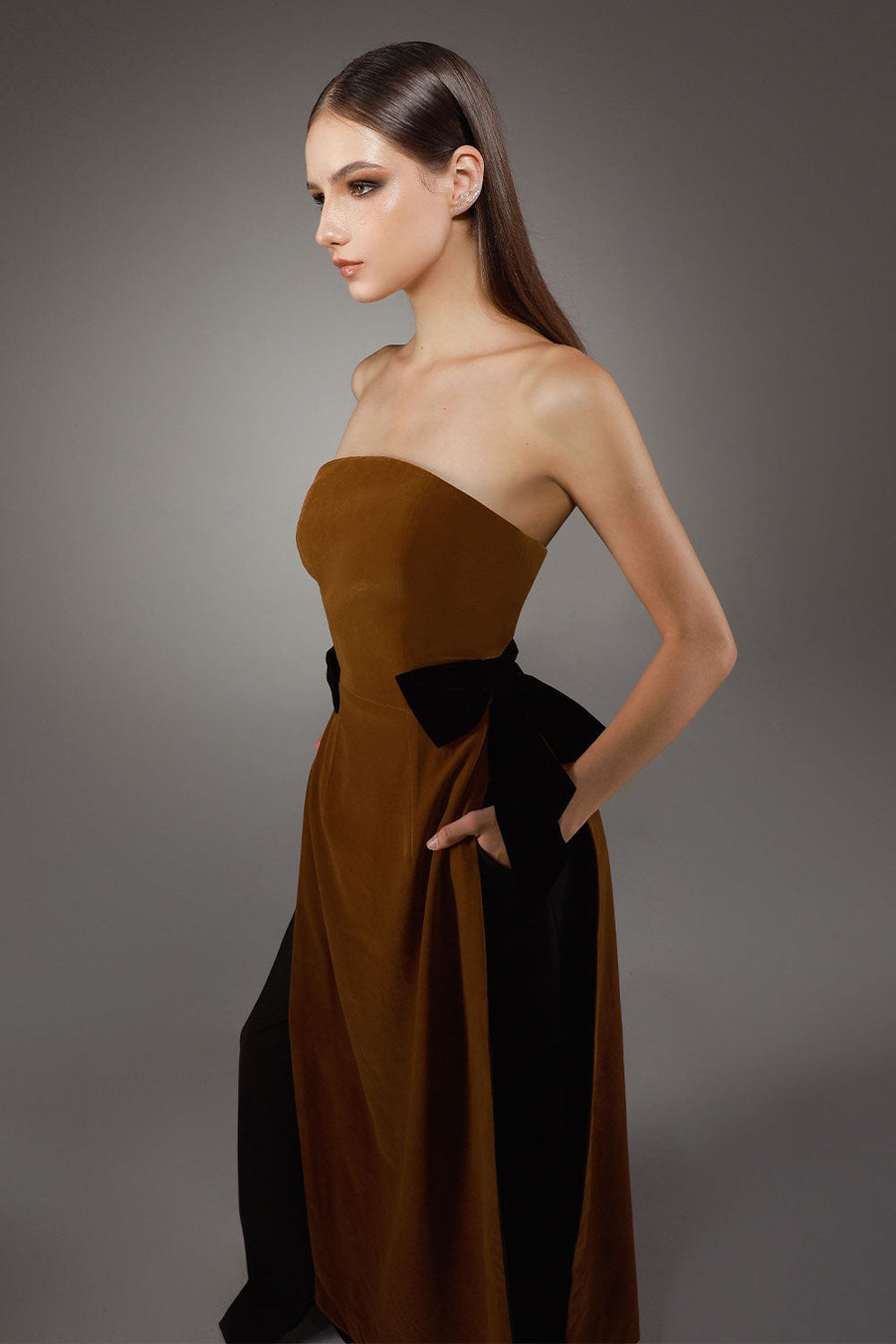 Brigita A-line Straight Across Neck Velvet Floor Length Ao Dai Set 3