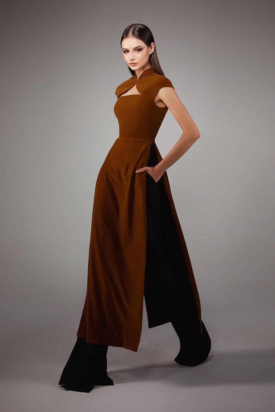 Koi A-line Cut-Out Velvet Floor Length Ao Dai Set 4