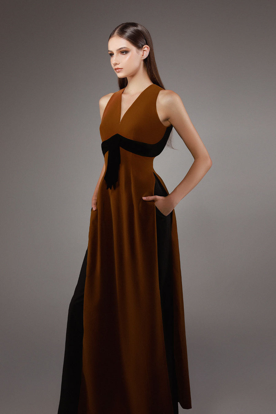 Cascade A-line V-Neck Velvet Floor Length Ao Dai Set 3