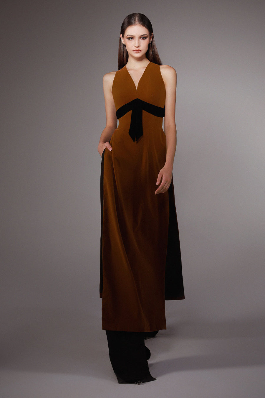 Cascade A-line V-Neck Velvet Floor Length Ao Dai Set 1