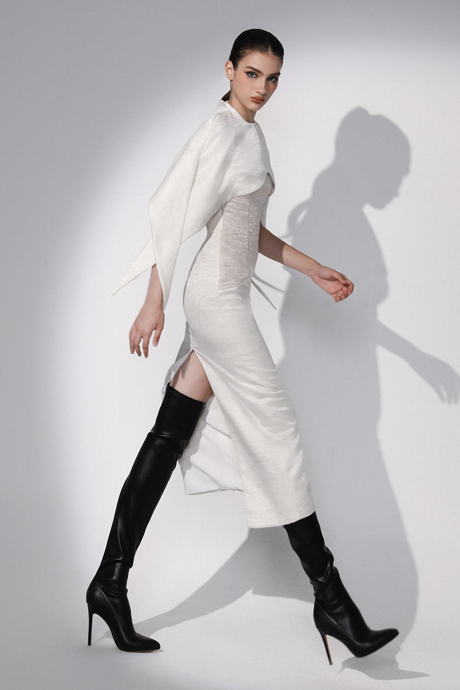 Porcelain Pencil Cape Shoulder Brocade Calf Length Dress 4