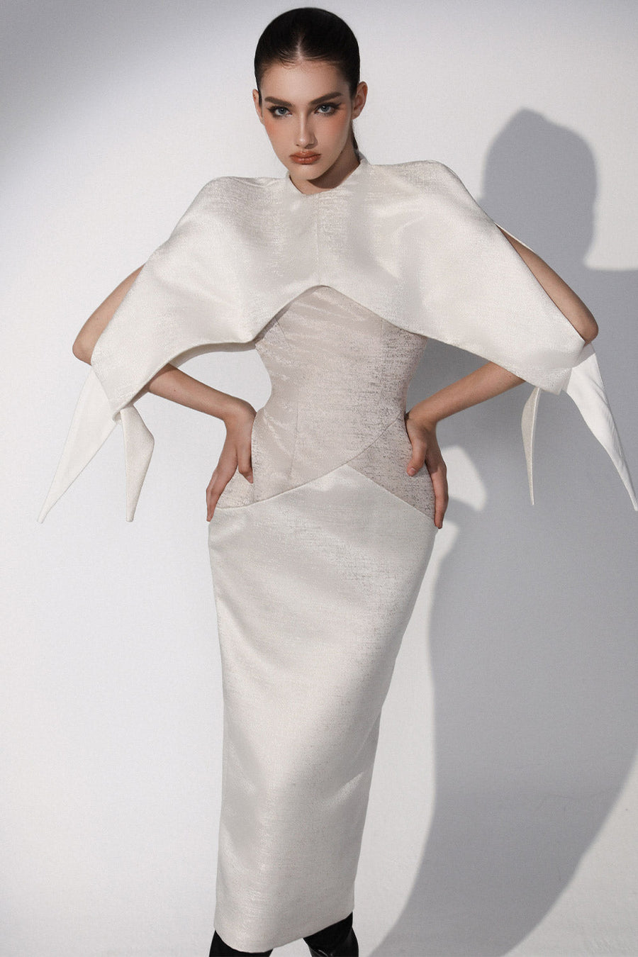 Porcelain Pencil Cape Shoulder Brocade Calf Length Dress 2
