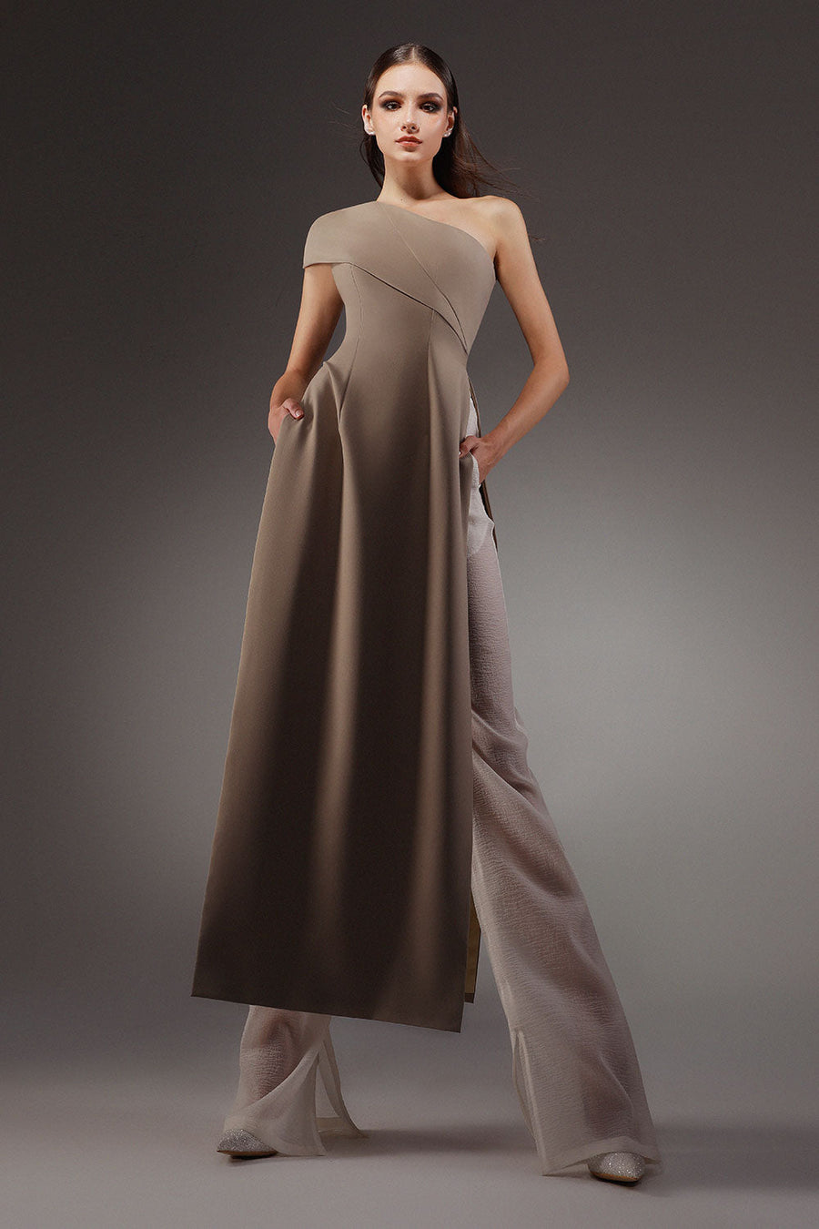 Swirling A-line One Shoulder Wool Cotton Floor Length Ao Dai Set 1