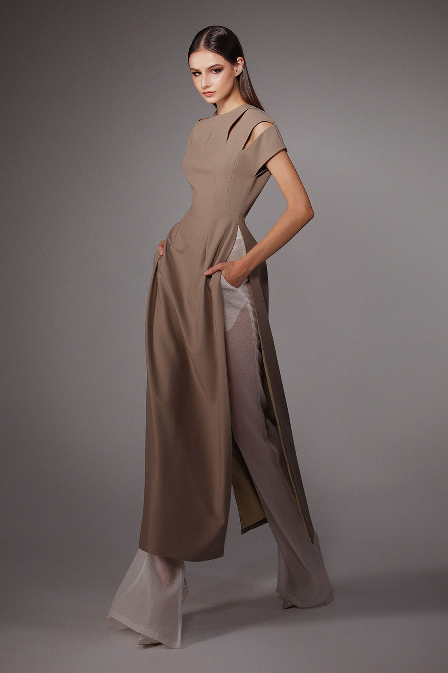 Bandage A-line Short Sleeved Wool Cotton Floor Length Ao Dai Set 1