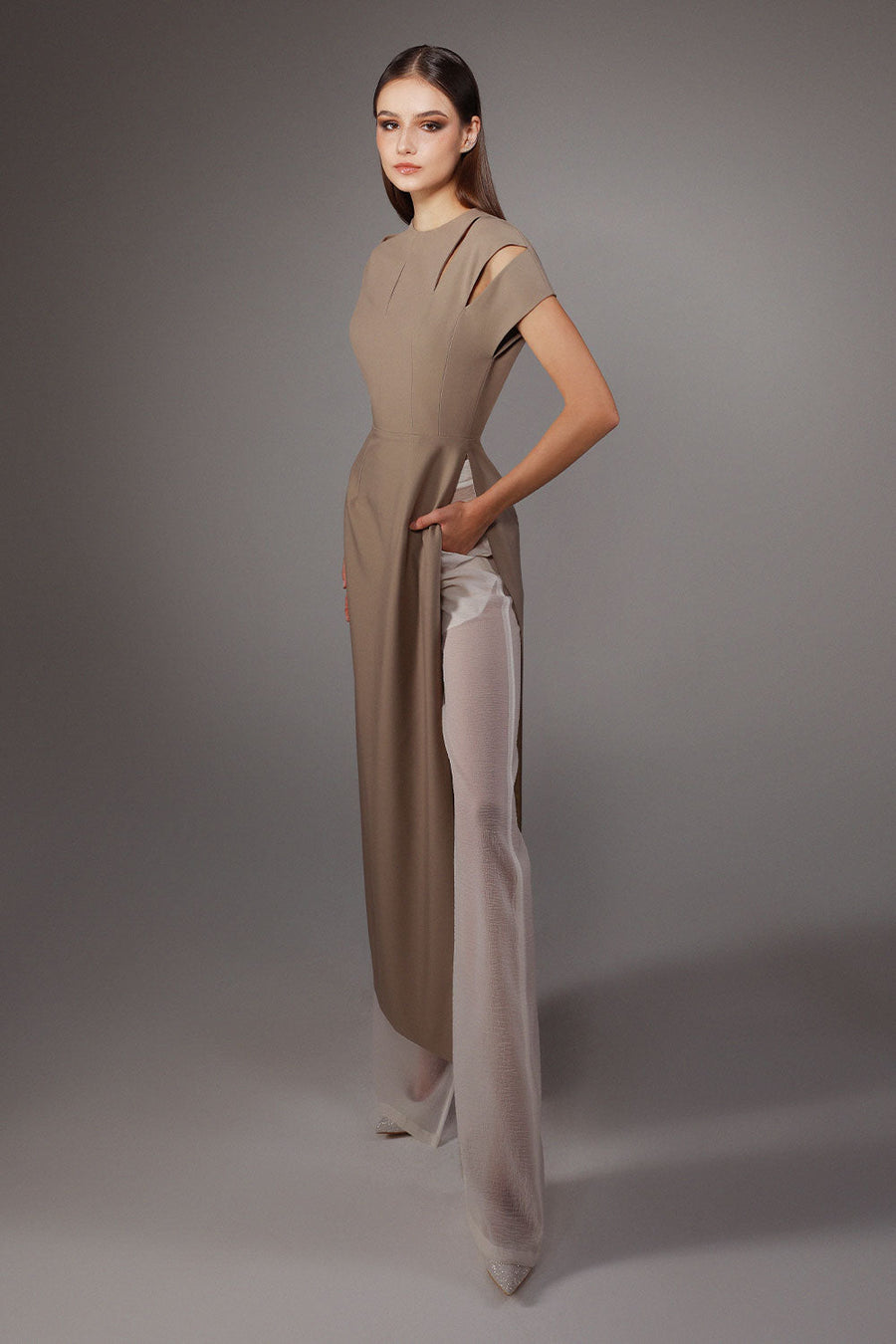 Bandage A-line Short Sleeved Wool Cotton Floor Length Ao Dai Set 3