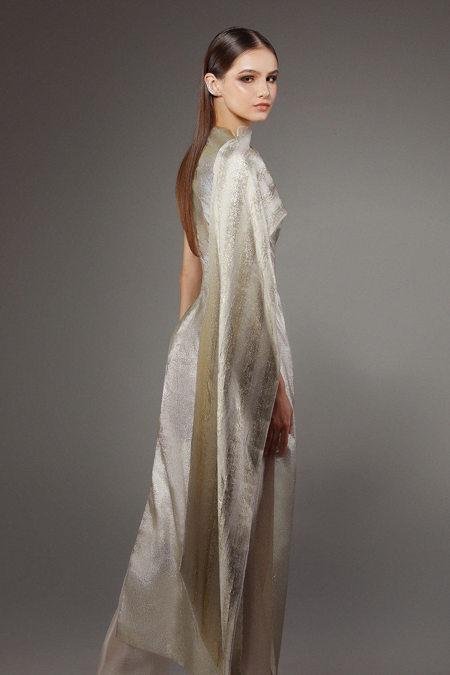 Lurex A-line Side Slit Polyester Floor Length Ao Dai Set 5
