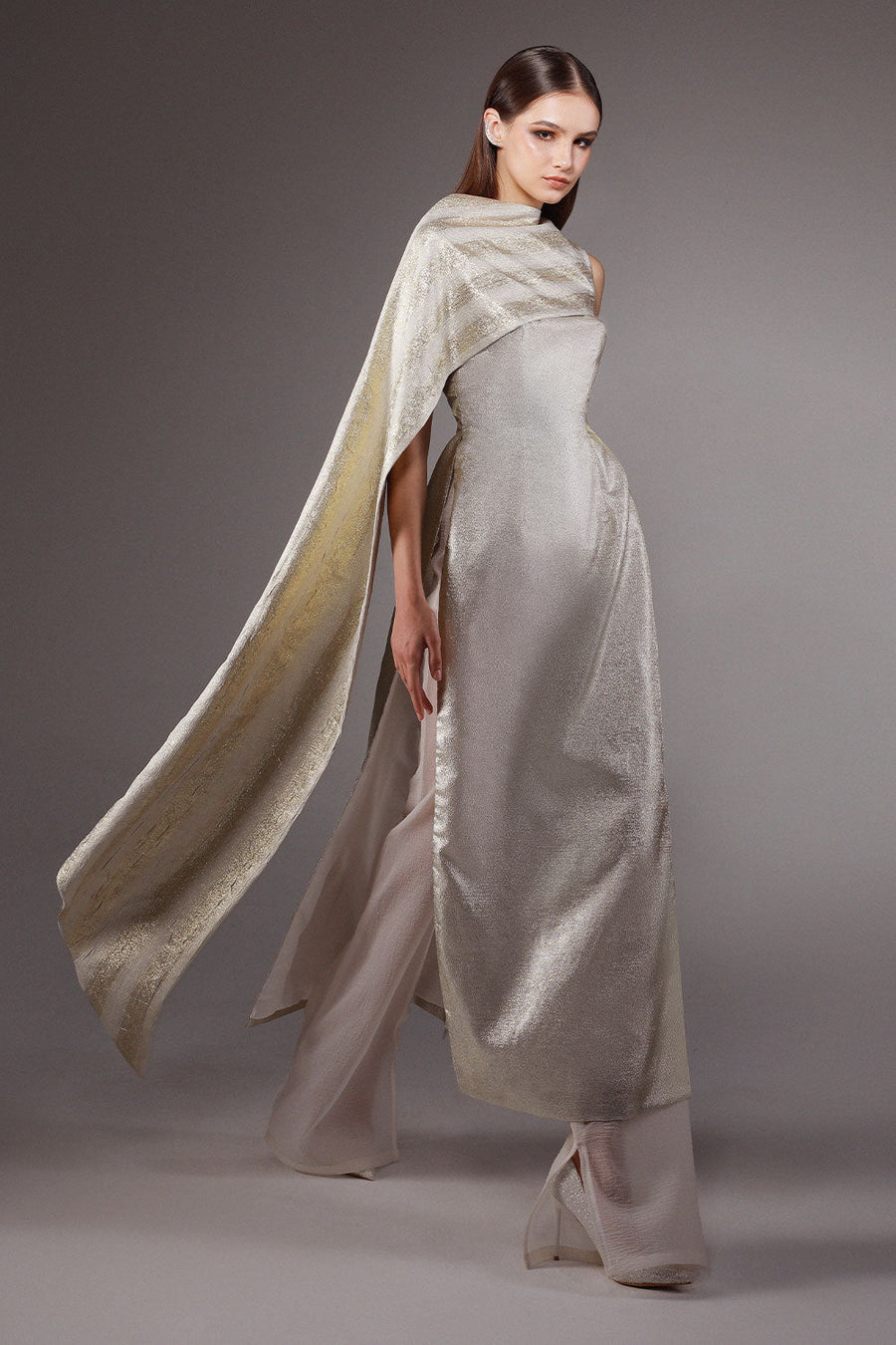 Lurex A-line Side Slit Polyester Floor Length Ao Dai Set 1