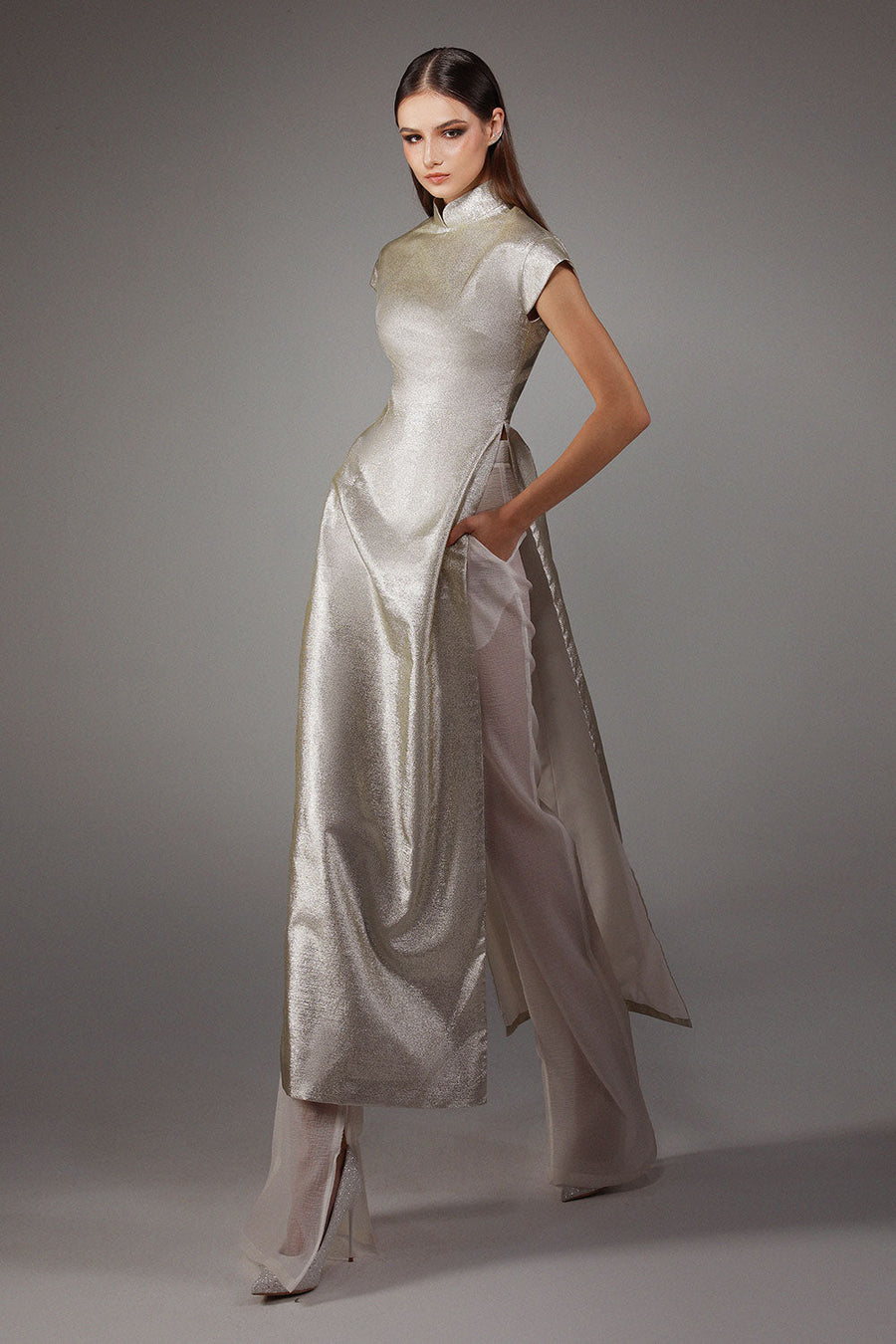 Lustrous A-line Mandarin Neck Polyester Floor Length Ao Dai Set 1