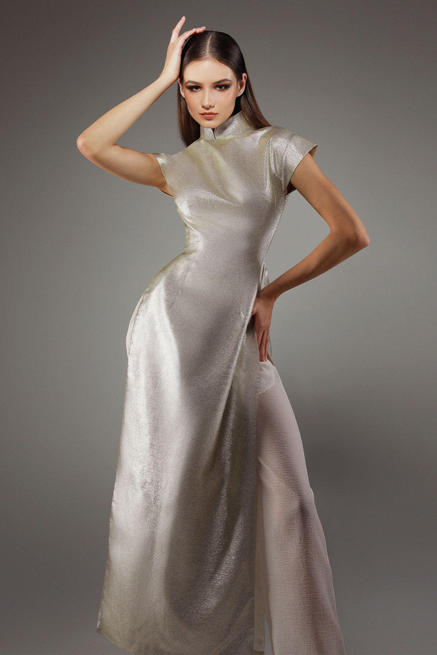 Lustrous A-line Mandarin Neck Polyester Floor Length Ao Dai Set 3