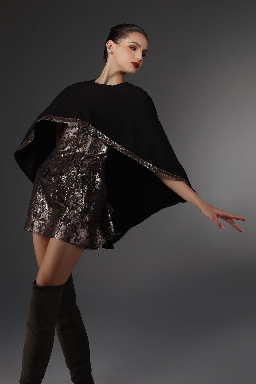 Tinsel Cape Jewel Neck Wool Cotton Mini Dress 2