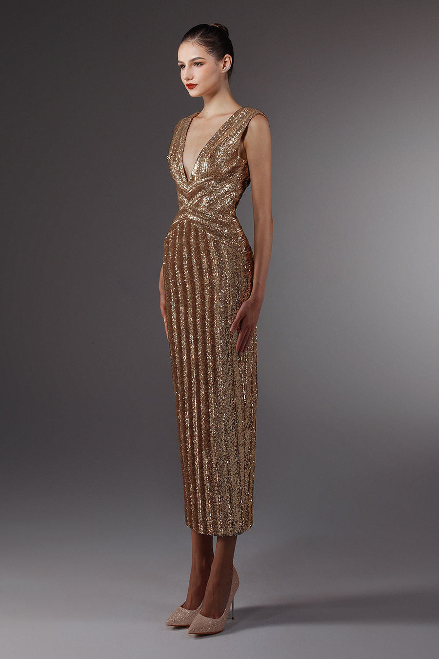 Venusia Pegged Plunge Neck Sequin Ankle Length Dress 5