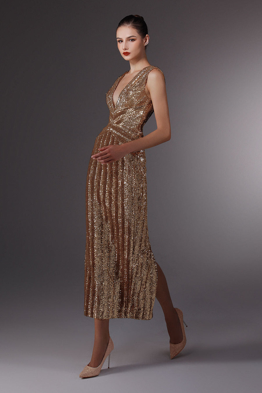Venusia Pegged Plunge Neck Sequin Ankle Length Dress 6