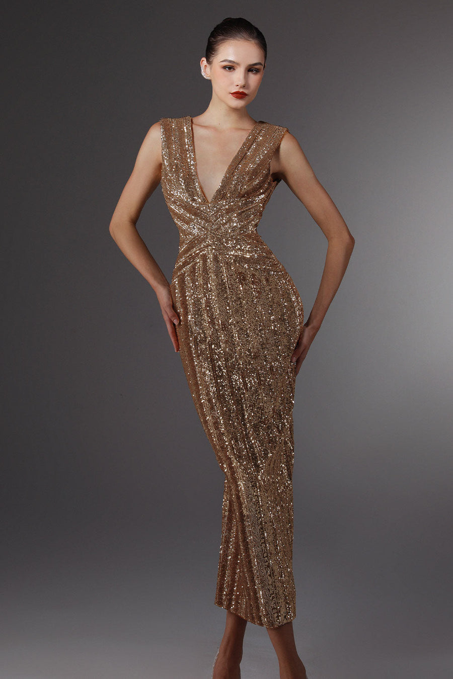 Venusia Pegged Plunge Neck Sequin Ankle Length Dress 4