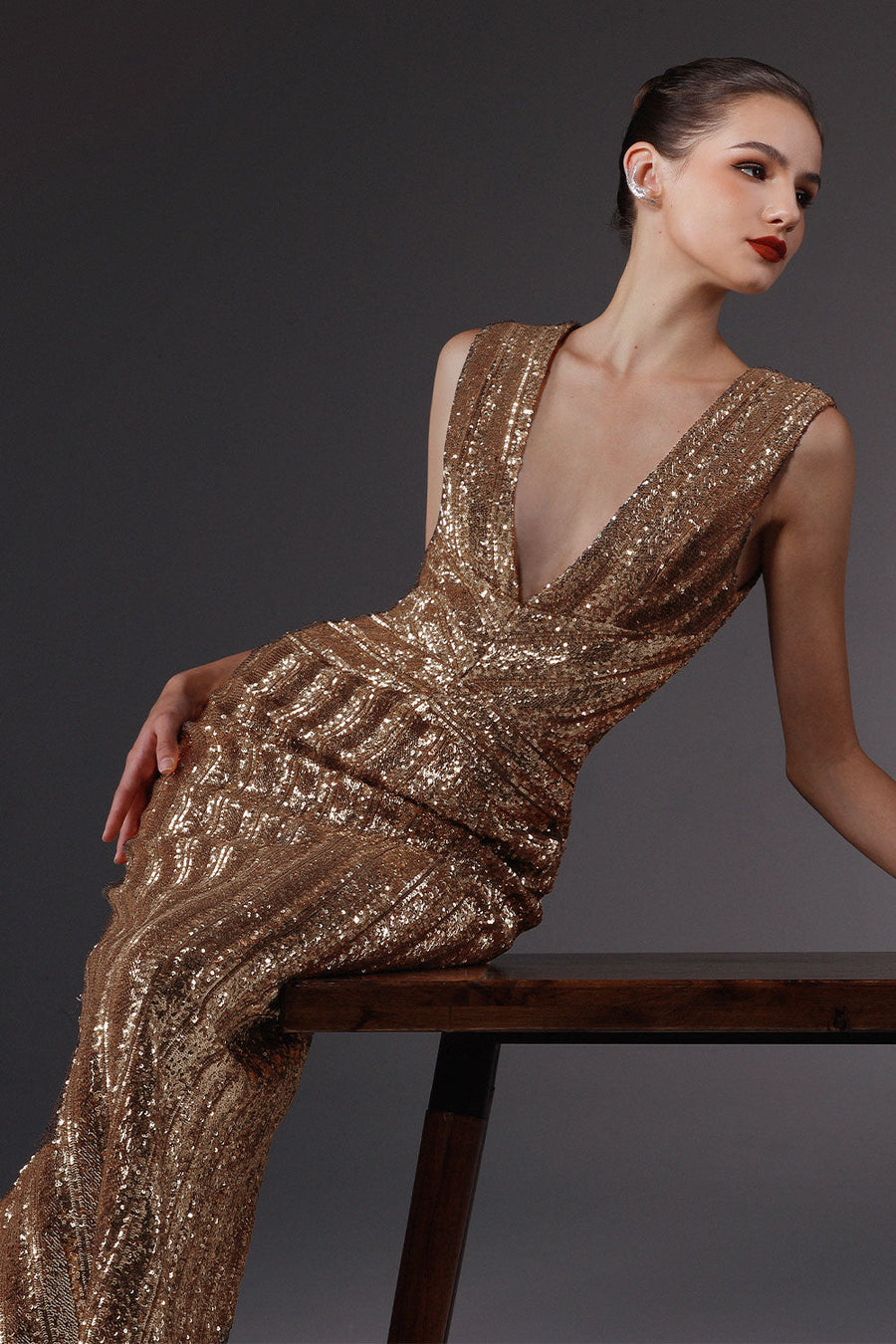 Venusia Pegged Plunge Neck Sequin Ankle Length Dress 2